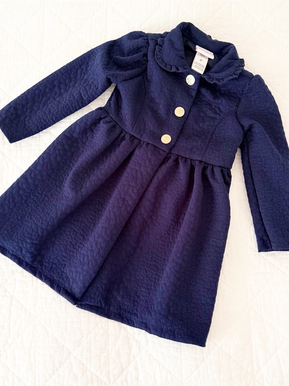Little Lass 3T Kids Navy Blue Quilted Long Sleeve Coat Dress with Gold Buttons